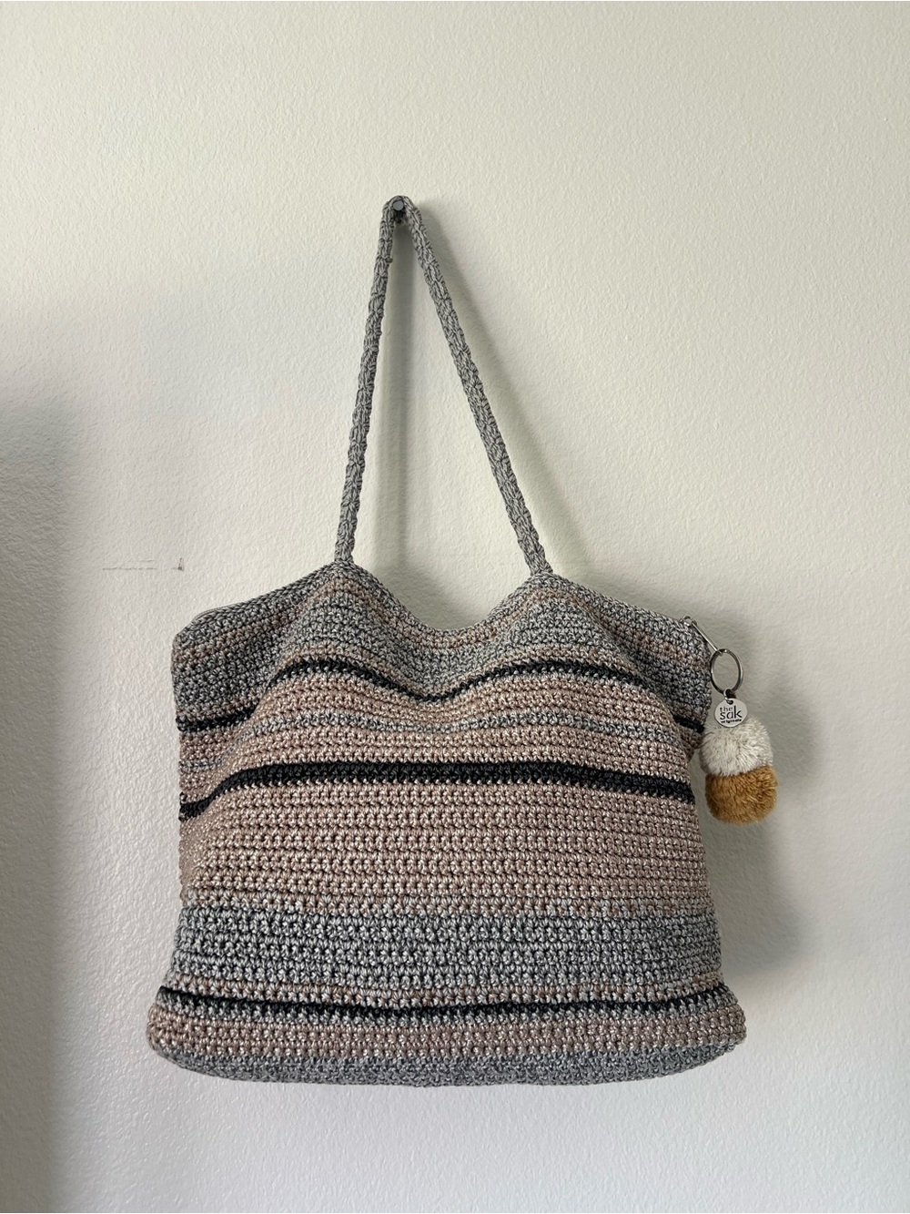 The Sak Crotchet Tote Bag Purse Striped With keychain